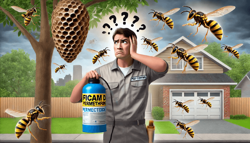 A frustrated pest control professional attempting to use an alternative insecticide, Permethrin, in front of an agitated wasp nest in a suburban setting.