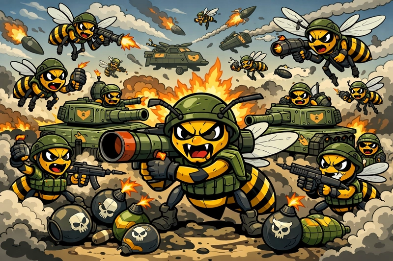 Cartoon illustration of an army of angry wasps with tanks, rocket launchers, and bombs, representing aggressive late-summer wasp behaviour