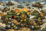 Cartoon illustration of an army of angry wasps with tanks, rocket launchers, and bombs, representing aggressive late-summer wasp behaviour.