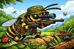 Cartoon illustration of a wasp dressed as a hunter with a scoped rifle