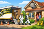 Cartoon illustration of a wasp nest removal lorry with workers removing an old wasp nest from a house