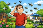 Confused homeowner in a garden surrounded by flying wasps with no nest in sight