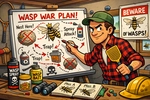 Cartoon illustration of a Hampshire homeowner planning wasp prevention as the 2026 wasp season approaches