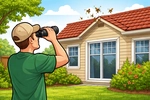 Cartoon of a man in his garden using binoculars to watch wasps entering a nest at the ridge