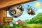 Early spring wasp nest with low wasp numbers shown in a cartoon illustration