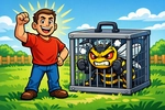 Cartoon illustration of a triumphant man standing beside a cage with an angry wasp trapped inside