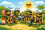 Cartoon of wasps sunbathing on deck chairs with sunglasses and drinks