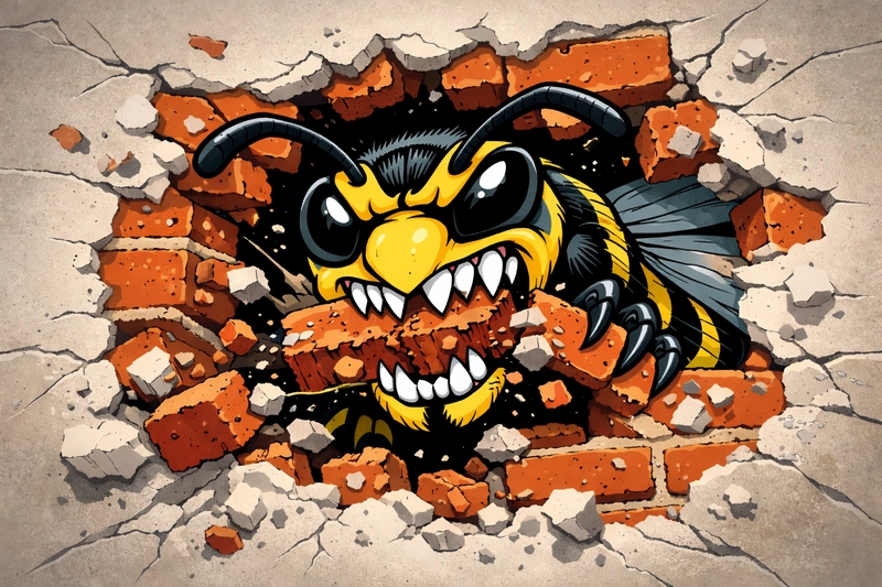 Cartoon illustration of a wasp chewing through a wall