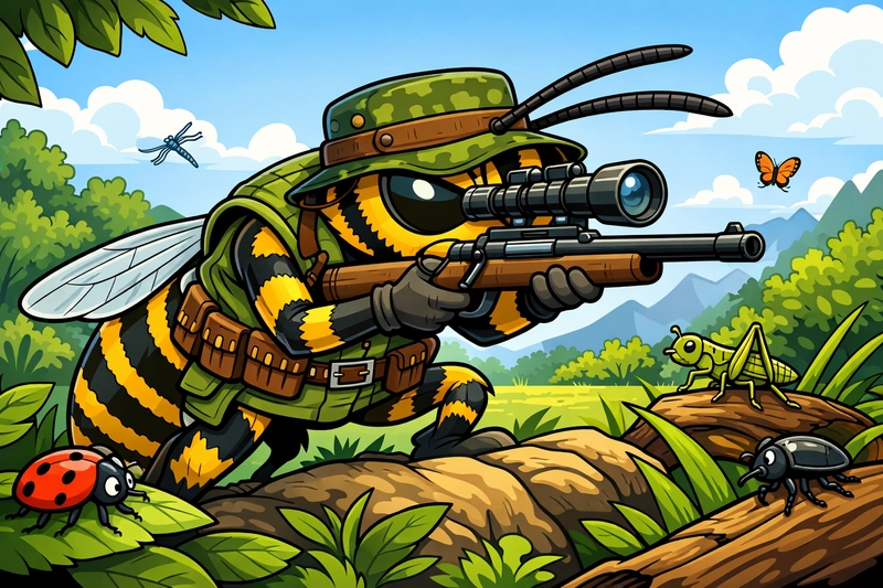 Cartoon illustration of a wasp dressed as a hunter with a scoped rifle