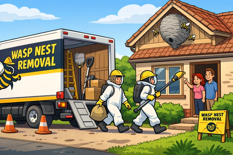 Cartoon illustration of a wasp nest removal lorry with workers removing an old wasp nest from a house