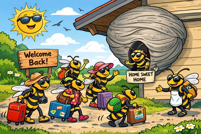 Cartoon illustration of wasps returning to their nest with suitcases, symbolising wasps coming back year after year