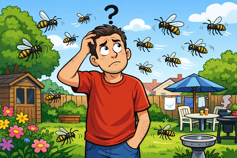 Confused homeowner in a garden surrounded by flying wasps with no nest in sight