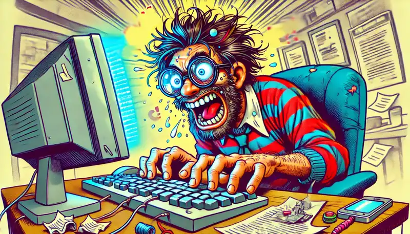Cartoon of a crazed nerd with messy hair and glasses typing furiously at a glowing computer
