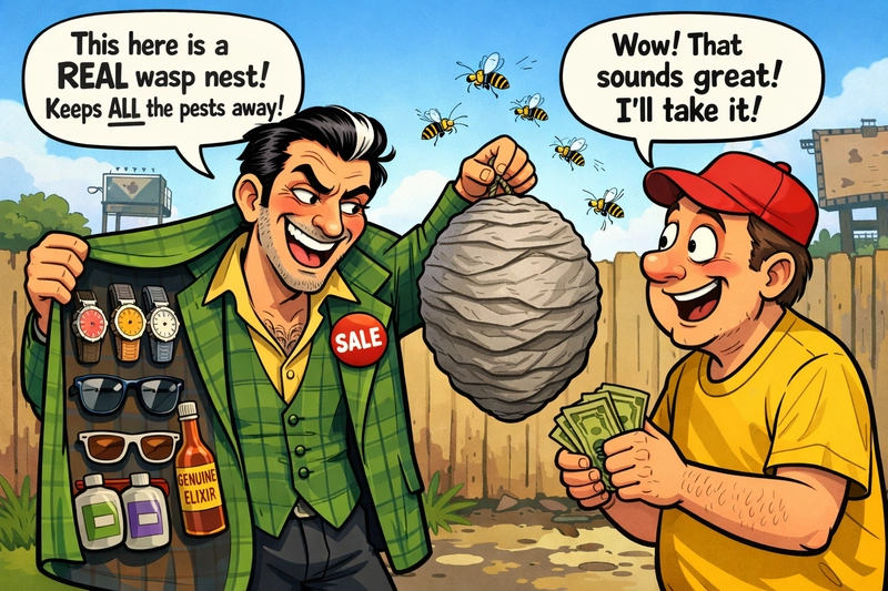 Cartoon illustration of a seedy salesman selling a fake wasp nest to a gullible customer
