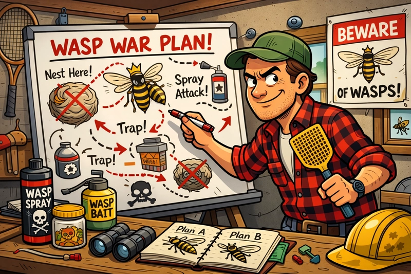 Cartoon illustration of a Hampshire homeowner planning wasp prevention as the 2026 wasp season approaches