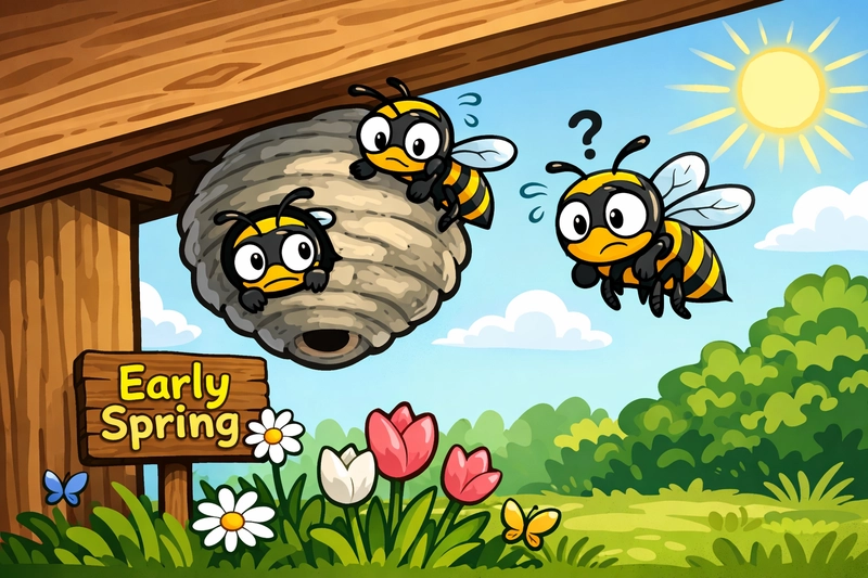 Early spring wasp nest with low wasp numbers shown in a cartoon illustration