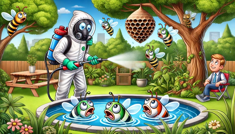 Treating a wasp nest near a garden pond