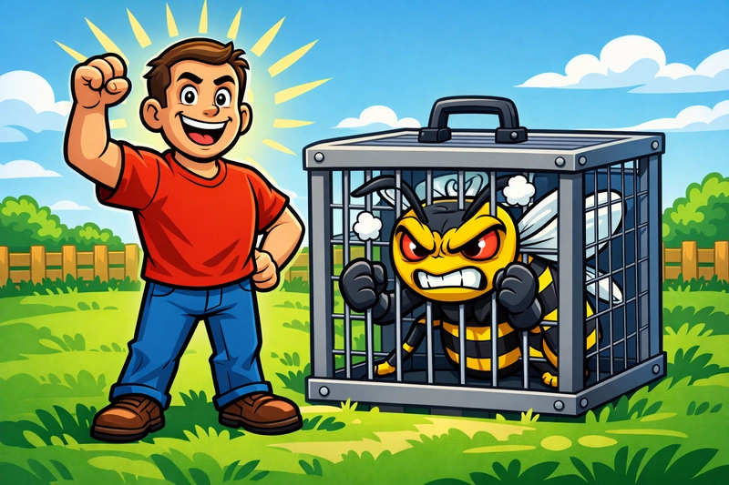 Cartoon illustration of a triumphant man standing beside a cage with an angry wasp trapped inside